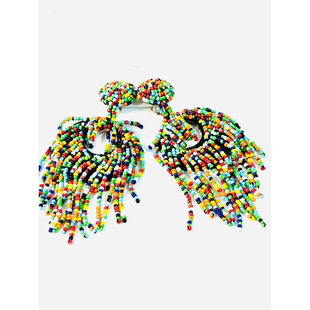 Handmade Seed Bead Clip On Earrings Multicolor Fringe Tassel Boho Statement 4"